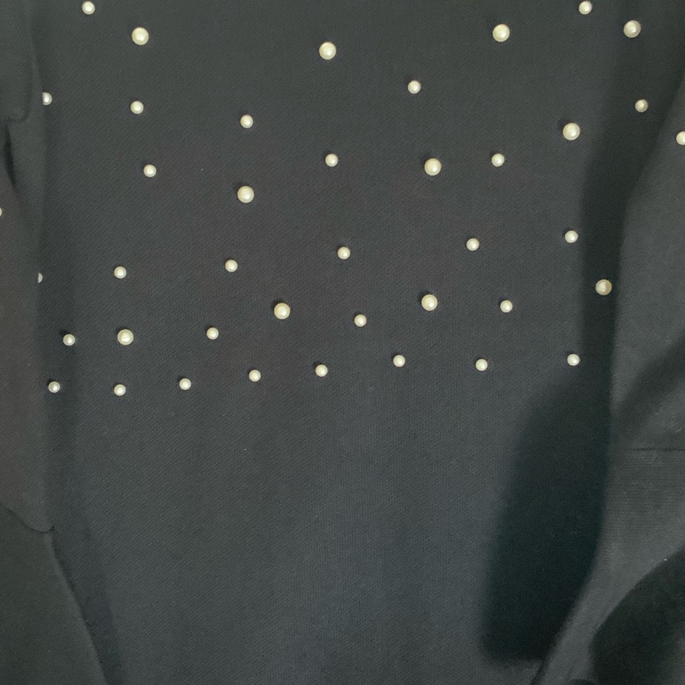 London Times Black Knit Dress  White Pearl Accents Scalloped Neckline NWT Large - Picture 7 of 8